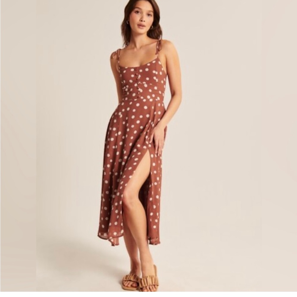 Abercrombie & Fitch Polka Dot Brown and White MIDI Dress With Slit